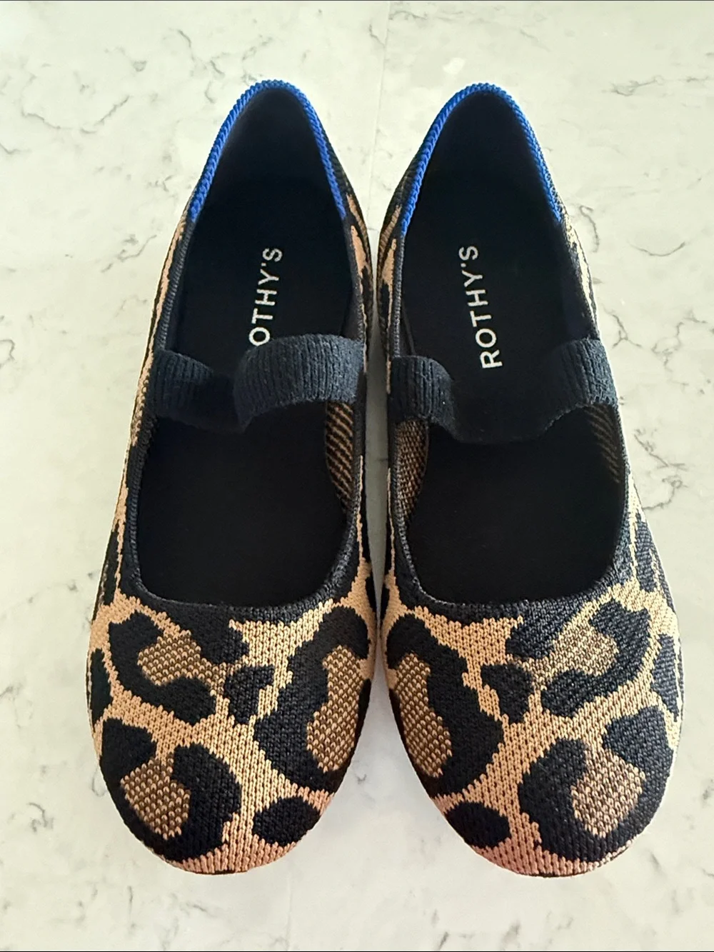 Rothy's Kids Leopard-Print Slip-On Ballet Flats in Tan and Black with Blue Trim